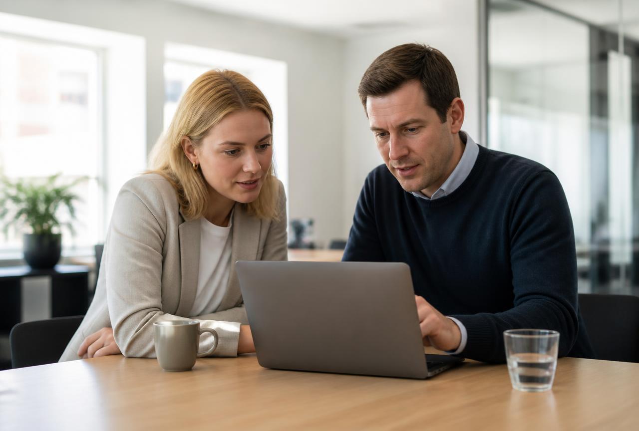 Twee collega's bekijken samen een kostenoverzicht op een laptop